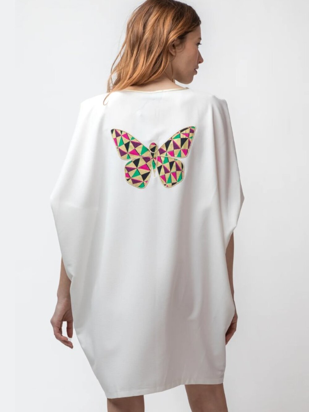 NWOT Maison Monarque Lagos Butterfly Batwing Dolman Sleeve Mini Dress Tunic Whit